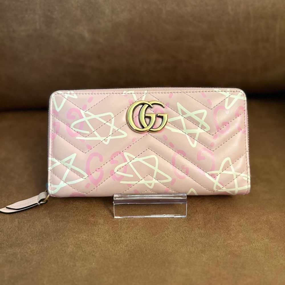 Calfskin Matelasse GucciGhost GG Marmont Zip Around Wallet Pink Rosa Ivory - Picture 1 of 12
